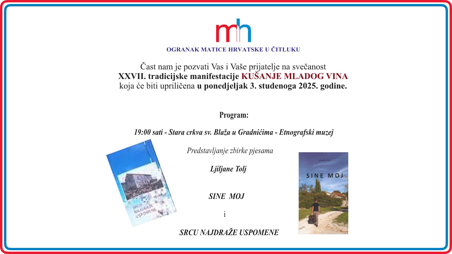 alt="Stara crkva sv. Blaža u Gradnićima – mjesto održavanja programa Kušanja mladog vina" alt="Zbirka pjesama Sine moj autorice Ljiljane Tolj predstavljena u Gradnićima" alt="Zbirka pjesama Sine moj autorice Ljiljane Tolj predstavljena u Gradnićima"