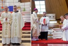 Biskup Petar Palić u Mostaru zaređuje fra Davida Sliškovića, brata čitlučkog župnog vikara fra Ivana Sliškovića, tijekom obreda đakonata u katedrali Marije Majke Crkve.