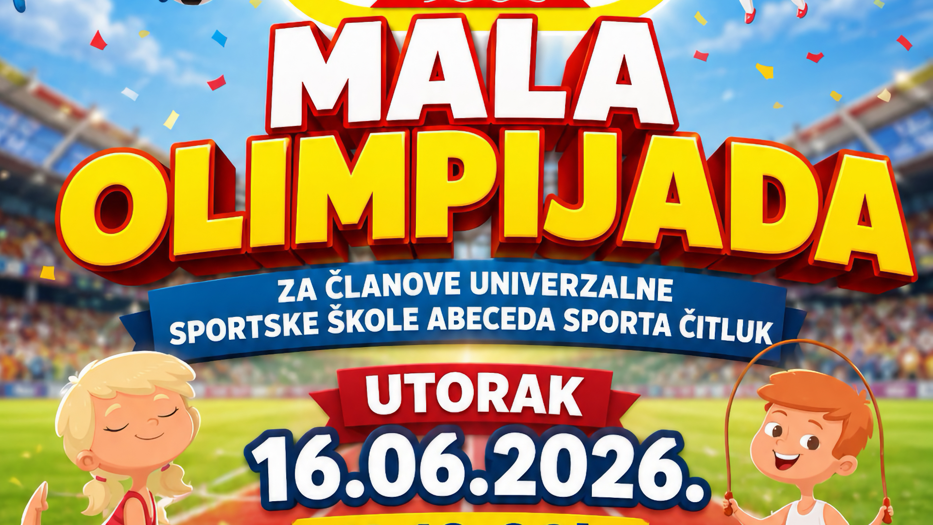 Djeca na Maloj olimpijadi Abecede sporta Čitluk sudjeluju u sportskim igrama i poligonima na vanjskom platou Park & Shop centra Međugorje.