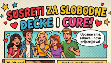 Plakat za Susrete za slobodne dečke i cure koji će se održati 7. lipnja 2026. u crkvi Krista Kralja u Čitluku.