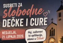 Plakat za Susrete za slobodne dečke i cure u crkvi Krista Kralja u Čitluku 21. lipnja 2026. uz molitvu, rad u skupinama i druženje.
