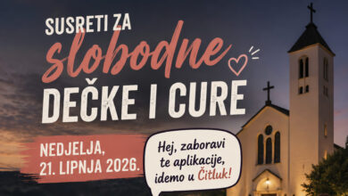 Plakat za Susrete za slobodne dečke i cure u crkvi Krista Kralja u Čitluku 21. lipnja 2026. uz molitvu, rad u skupinama i druženje.