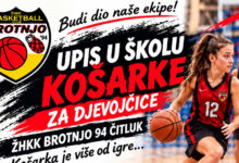 Plakat ŽHKK Brotnjo 94 za upis djevojčica u školu košarke u Čitluku s terminima treninga i kontaktom.
