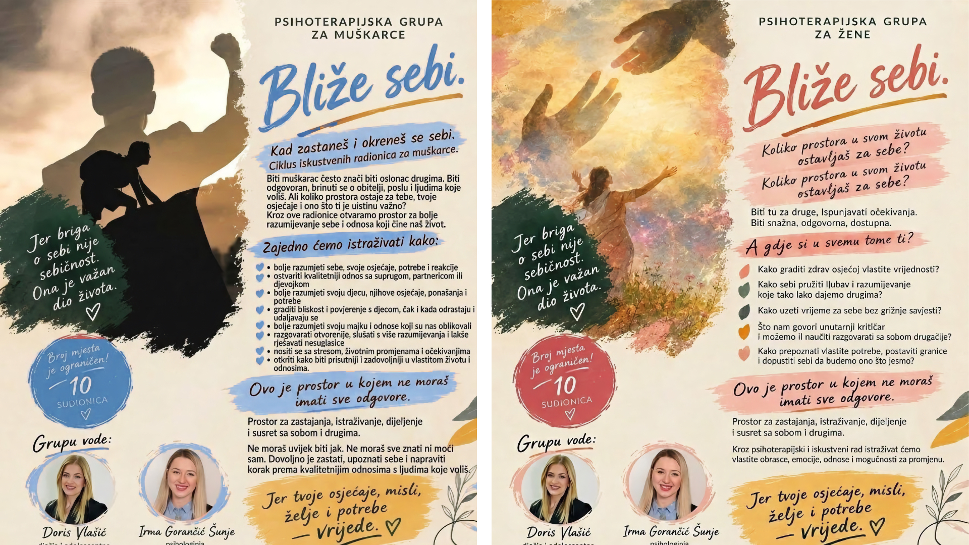 Najavni plakat za psihoterapijske grupe „Bliže sebi” u Čitluku s rokom prijave 6. studenoga 2026.