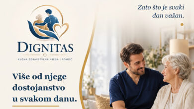 Promotivni plakat Dignitasa za kućnu zdravstvenu njegu i pomoć, s prikazom njegovatelja uz stariju ženu i popisom usluga.