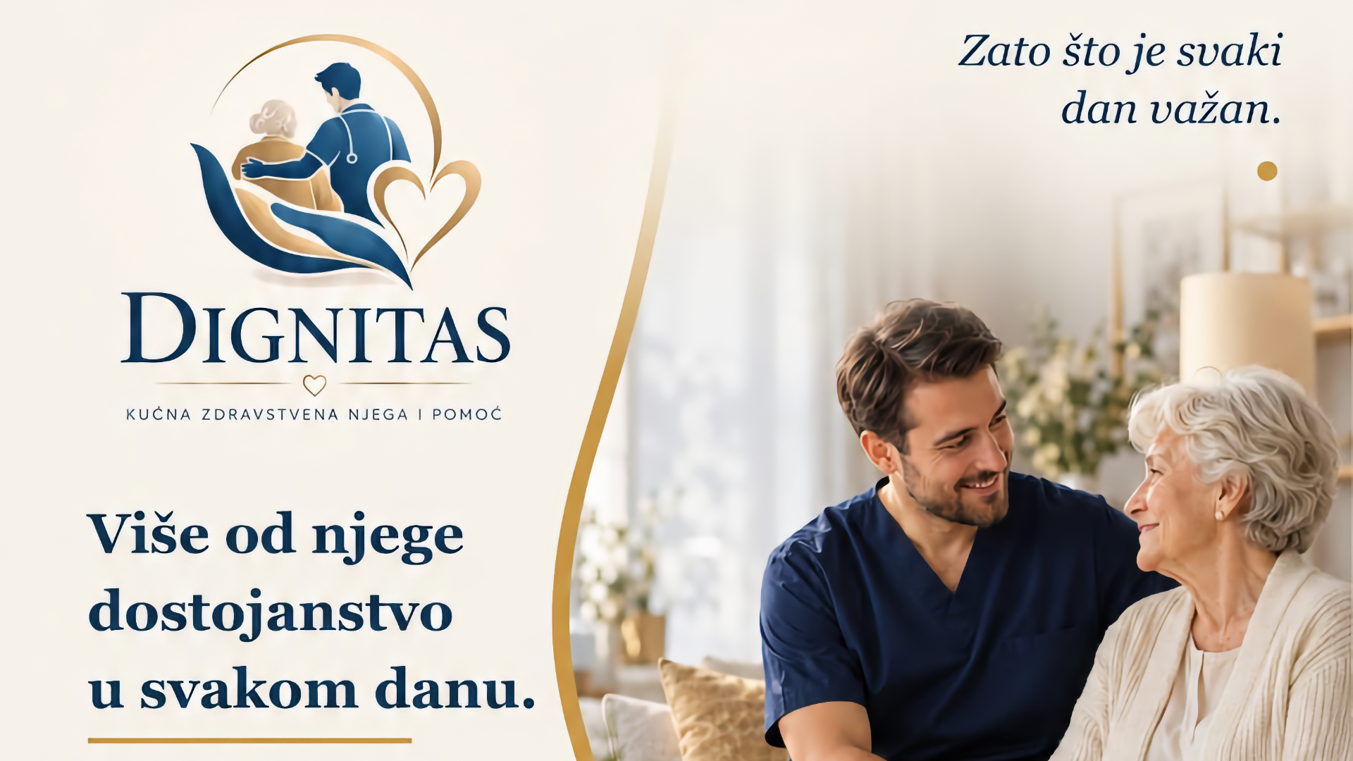 Promotivni plakat Dignitasa za kućnu zdravstvenu njegu i pomoć, s prikazom njegovatelja uz stariju ženu i popisom usluga.